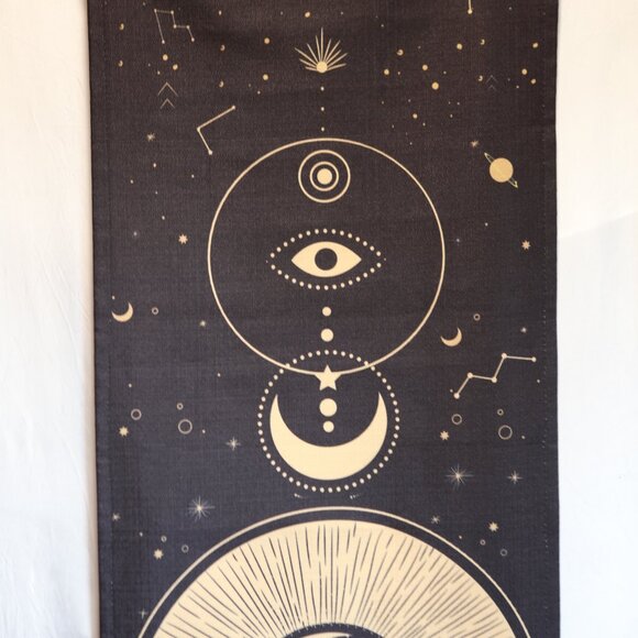 Black and Gold Mood Goddess Nylon Canvas Sacred Geometric Tassel Wall Tapestry - Picture 2 of 8